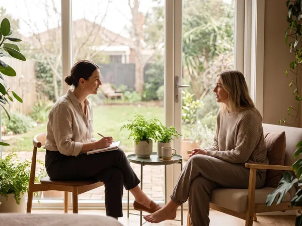 Chiropractor listening to a patient during a consultation in a calm clinic room