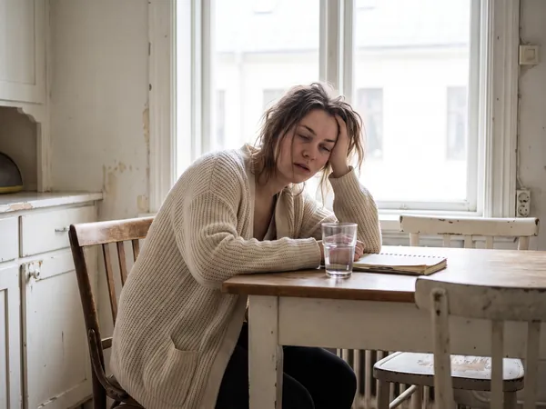 Tired woman resting her head in her hand at a kitchen table